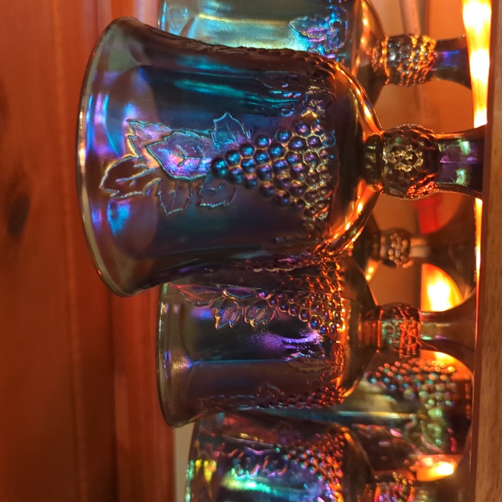 Carnival Glass Goblets, set of 5, Harvest Grapes, Blue Iridescent